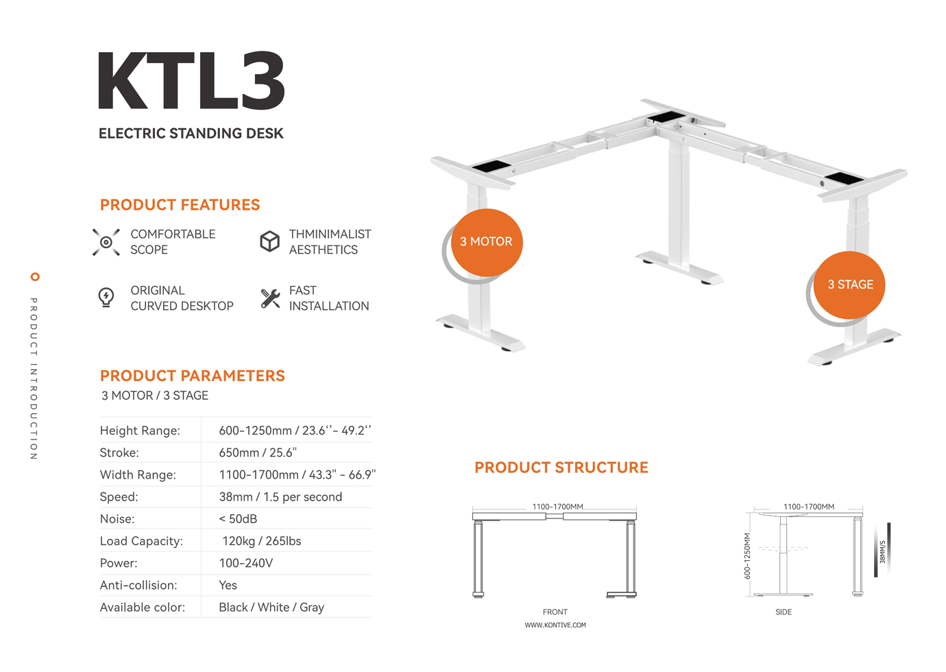 3 Motor 3 Stage Electric Standing Desk / 3 Legs Frame KTL3 Specification