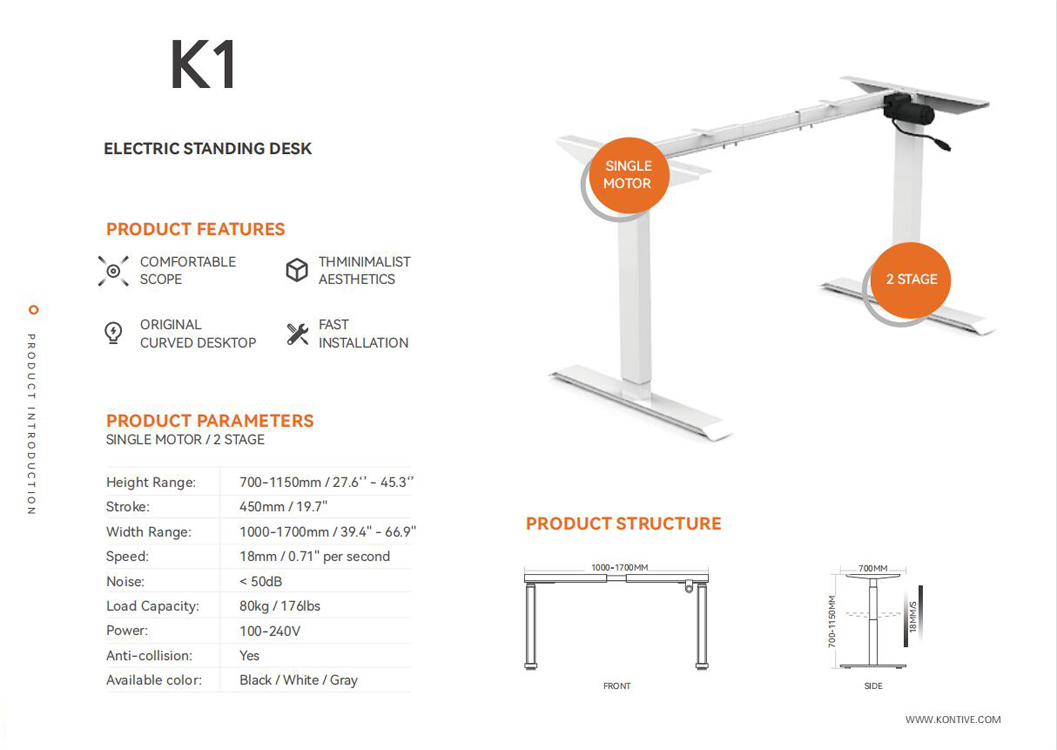 Single Motor 2 Stage Electric Standing Desk / 2 Legs Frame Specification