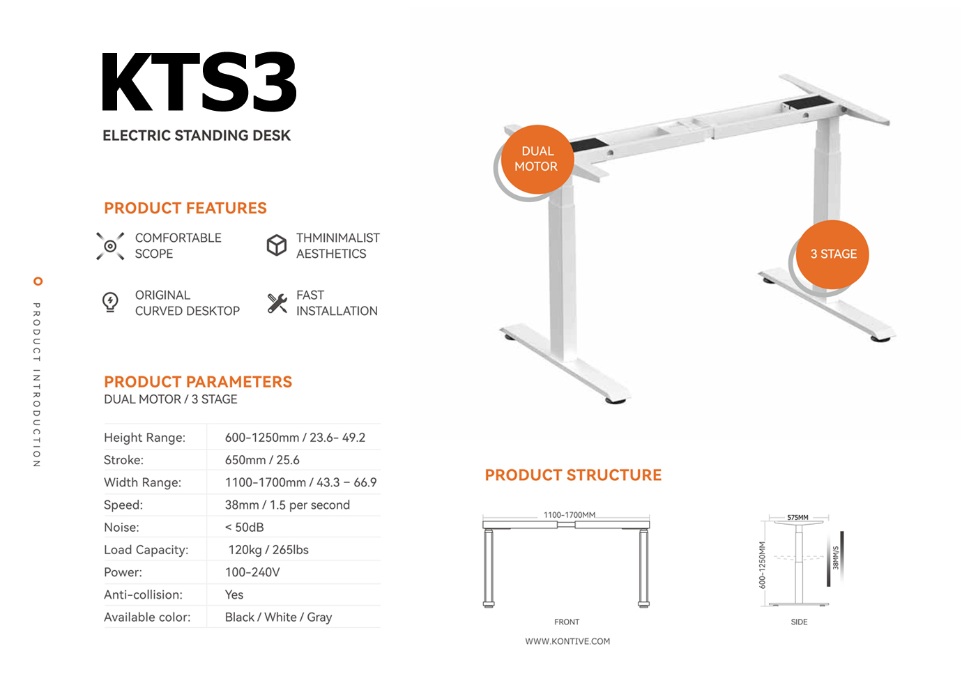Dual Motor 3 Stage Electric Standing Desk / 2 Legs Frame KTS3 Specification