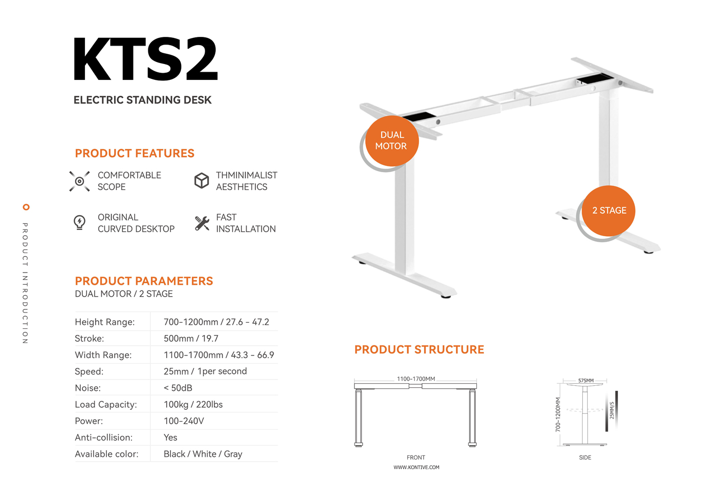 Dual Motor 2 Stage Electric Standing Desk / 2 Legs Frame KTS2 Specification